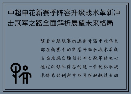 中超申花新赛季阵容升级战术革新冲击冠军之路全面解析展望未来格局