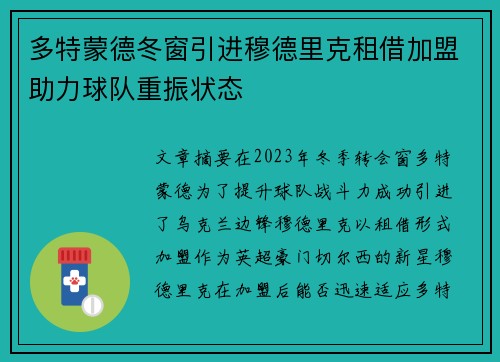 多特蒙德冬窗引进穆德里克租借加盟助力球队重振状态
