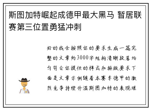 斯图加特崛起成德甲最大黑马 暂居联赛第三位置勇猛冲刺
