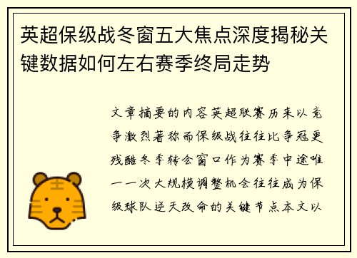 英超保级战冬窗五大焦点深度揭秘关键数据如何左右赛季终局走势